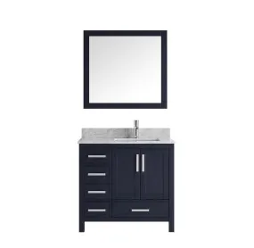 Jacques 36 Navy Blue Single Vanity | White Carrara Marble Top | White Square Sink and 34 Mirror - Right Version