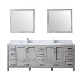 Jacques 84 Distressed Grey Double Vanity | White Carrara Marble Top | White Square Sinks and 34 Mirrors