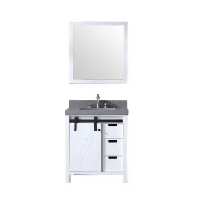 Marsyas 30 White Single Vanity | Grey Quartz Top | White Square Sink and 28 Mirror